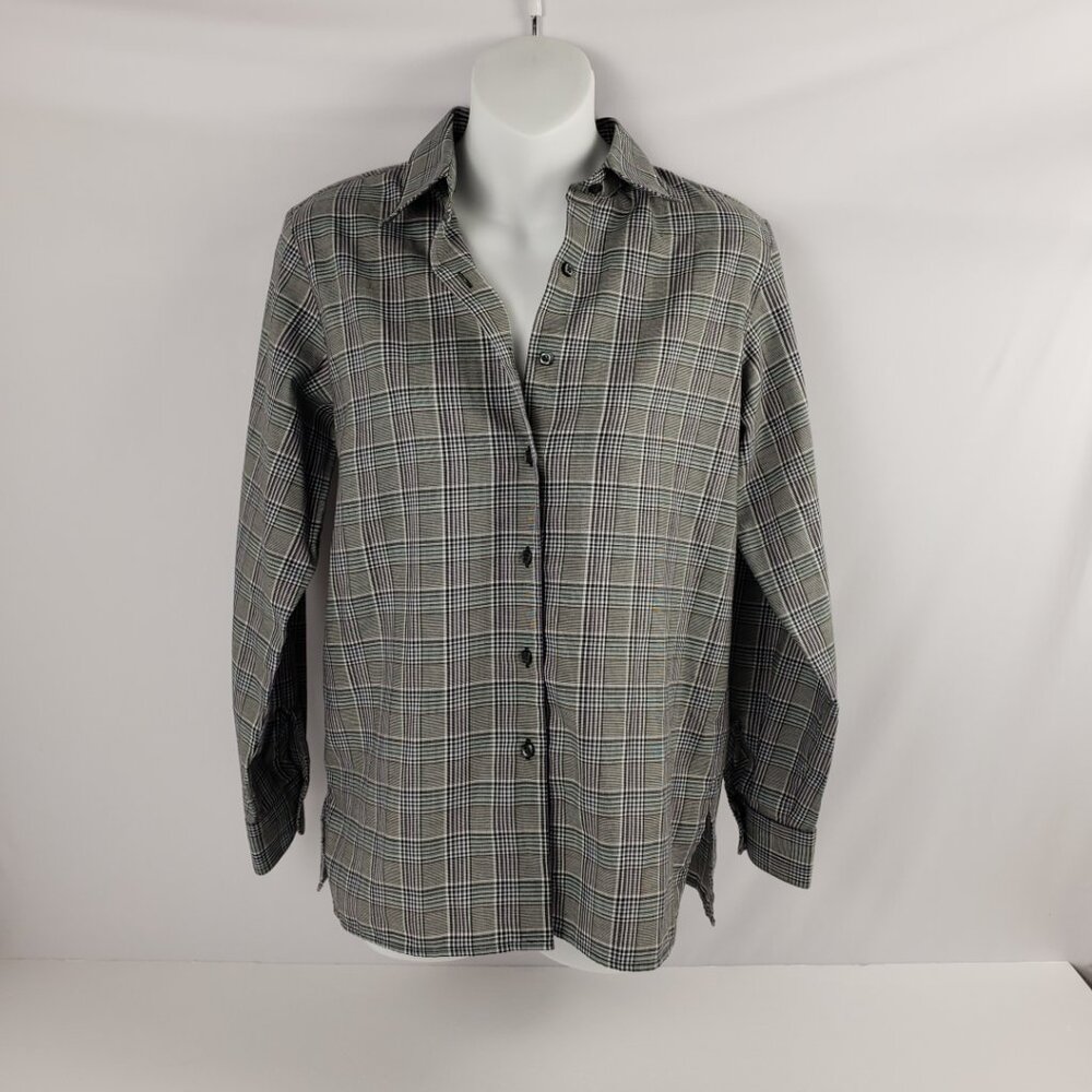 Foxcroft 2P Plaid Shirt Purple Blue White Black Long Sleeve Button Womens Petite